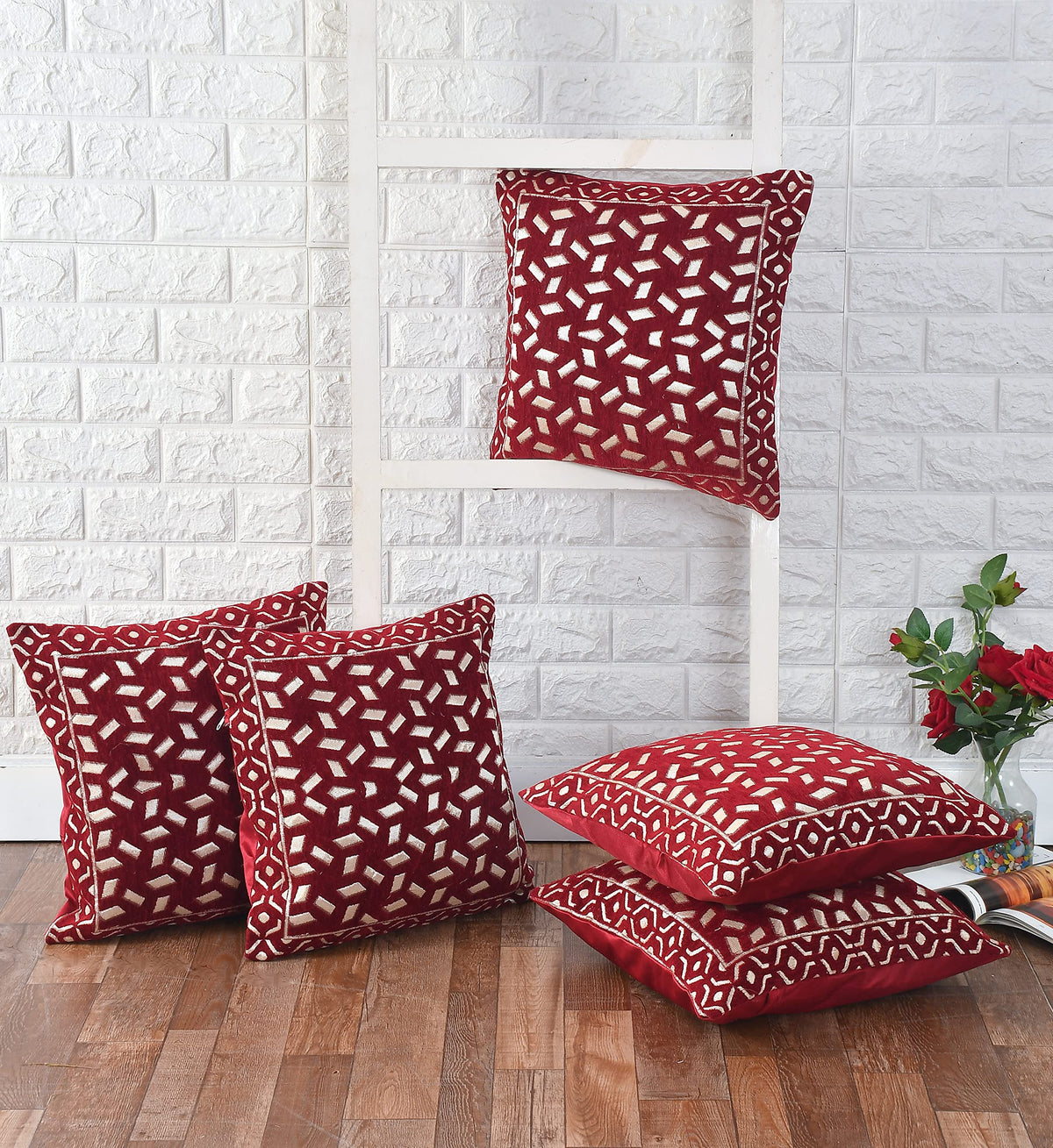 DECOMIZER Jacquard Geomteric Cushion Covers 16 Inch X 16 Inch Set Of 5 Ethnic Motifs 240 TC Cushion Covers,Design- Bricks,Color- Maroon