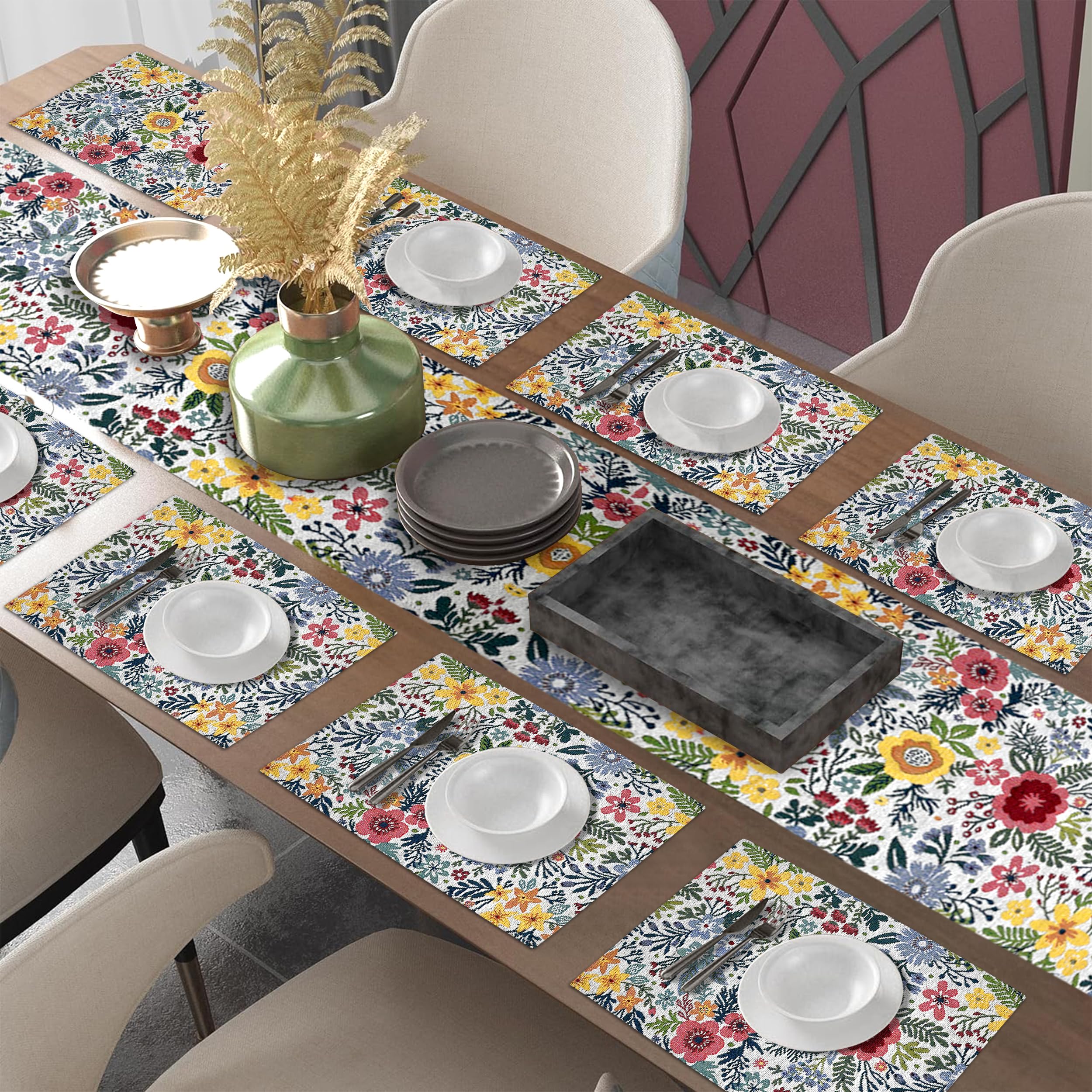PRAKARTIK BY INDUARTS Nature Retreat Floral Eco-Friendly Cotton Dining RectangularTable Mats with Runner - Reusable, Machine Washable, Everyday Use Yellow & White, (Set of 8+200 cm Runner) Kafalo