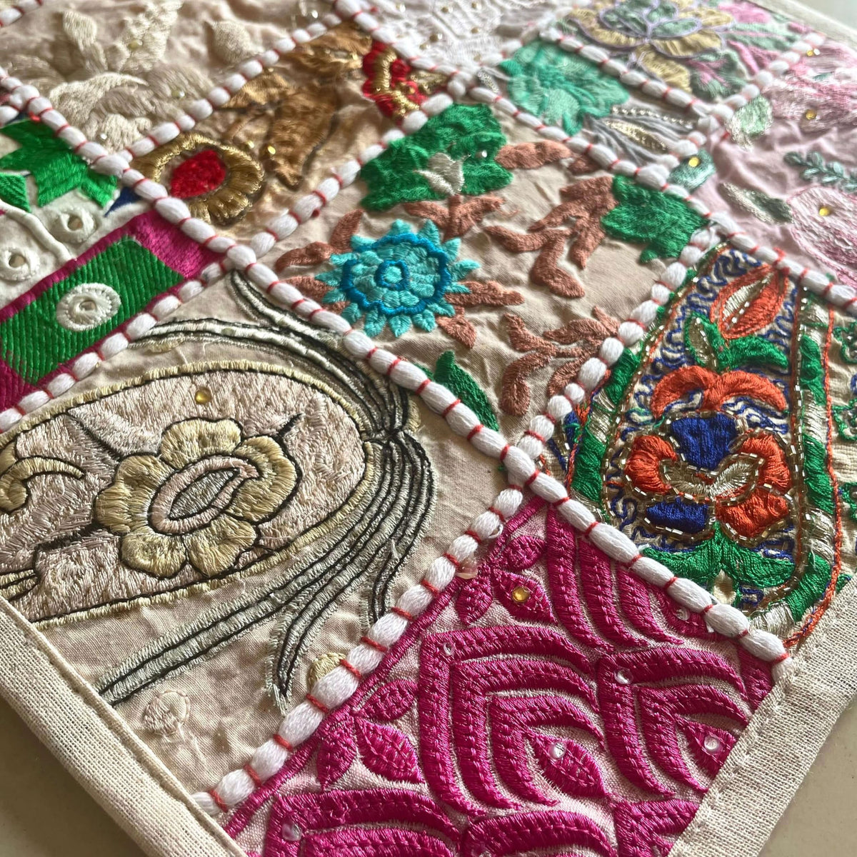 ATRANGI STUDIO Patchwork Table Runner | Traditional Rajasthani Khambadiya Craft | Handmade Dining Table Runner for Home Decor | Colourful Dining Setup | 16x72 Inch, White