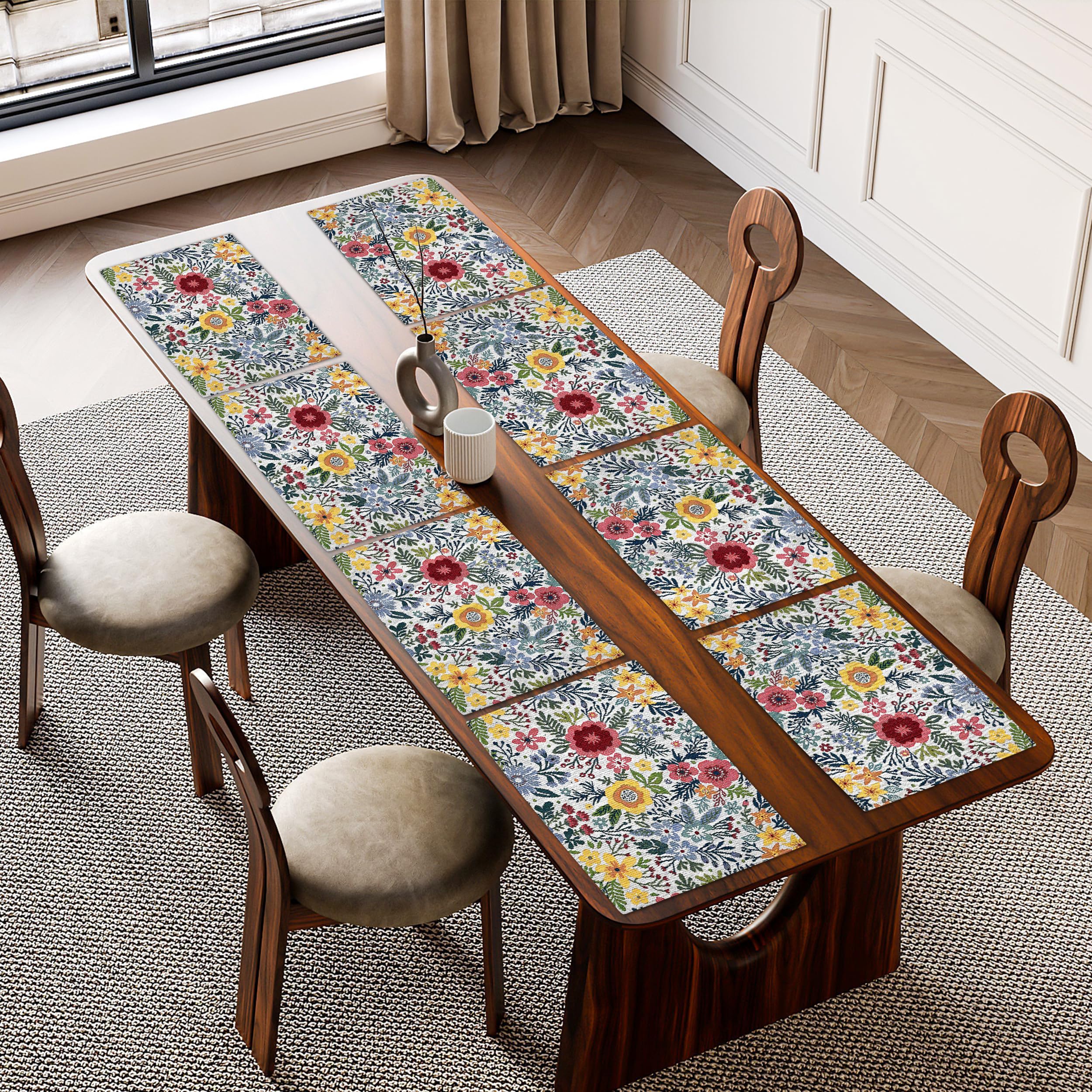 PRAKARTIK BY INDUARTS Nature Retreat Floral Eco-Friendly Cotton Dining Rectangular Table mats - Reusable, Machine Washable, Everyday Use Yellow & White Placemats, Set of 8 (33x47 cm)