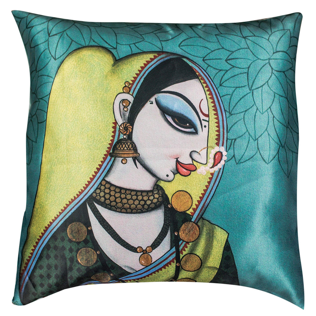 Vendola Printed Satin Sofa Cushion Covers Set of 5 16 inch x 16 inch, Orange & Blue Throw Pillow Covers for Sofa, Decorative Cushion Covers for Living Room, Bedroom, Couch, (Maharastrian, 16x16)