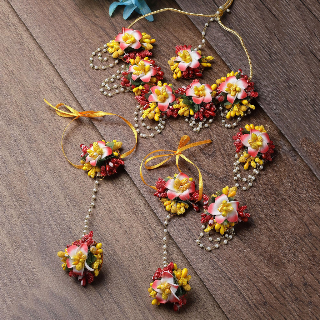 ZENEME Handmade Peach & Yellow Floral Jewellery Set for Women & Girls | Handcrafted Flower Necklace Set with Earrings, Maang Tikka & Pair of Hathphool | Mehendi, Haldi, Wedding & Bridal Jewallery