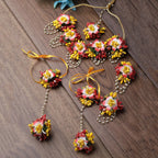 ZENEME Handmade Peach & Yellow Floral Jewellery Set for Women & Girls | Handcrafted Flower Necklace Set with Earrings, Maang Tikka & Pair of Hathphool | Mehendi, Haldi, Wedding & Bridal Jewallery