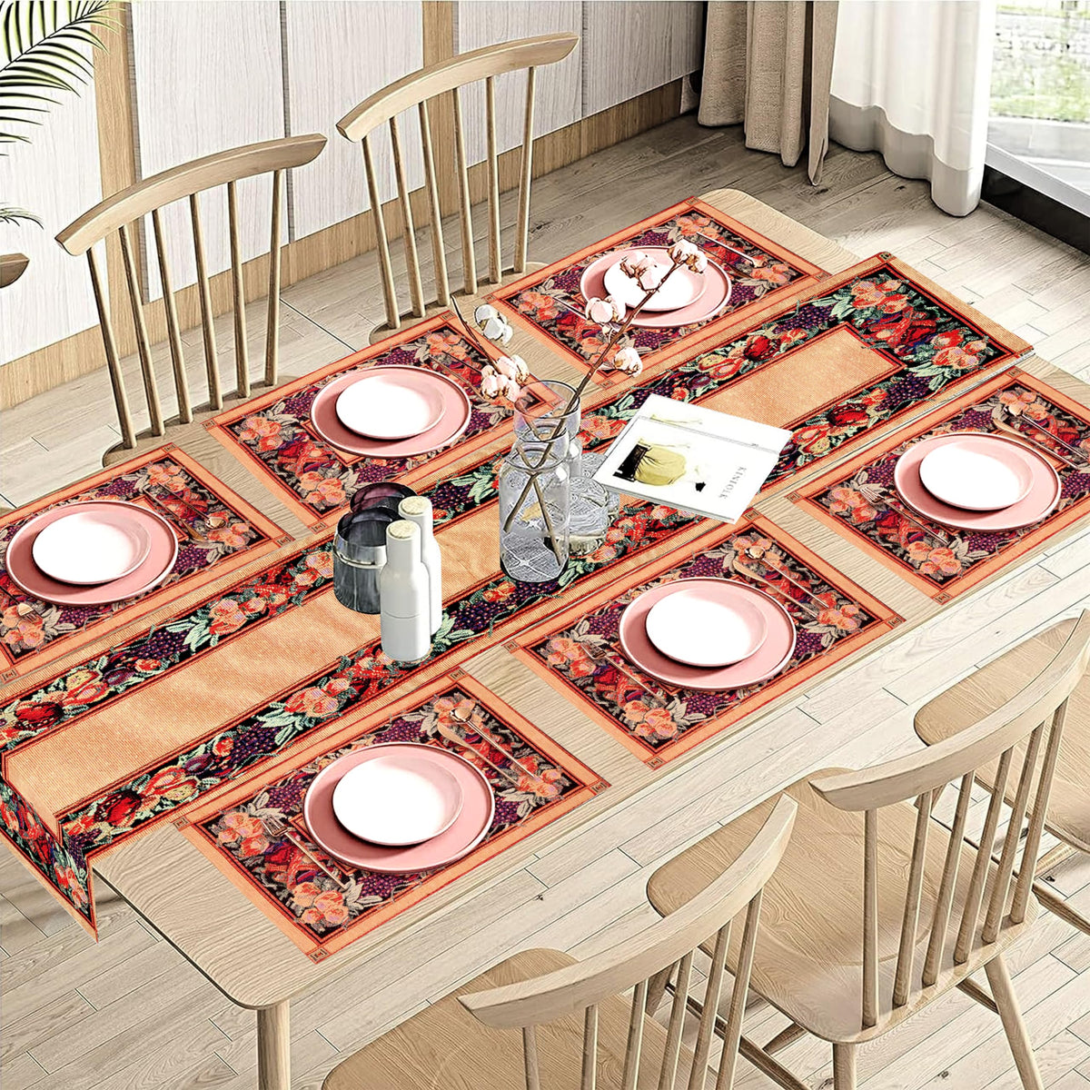 PRAKARTIK BY INDUARTS 100% Cotton Fruit and Veggie Border Rectangular Dining Table mat with Runner. Bronze and Green (Set of 6 + 180 cm Runner ) Kafalo