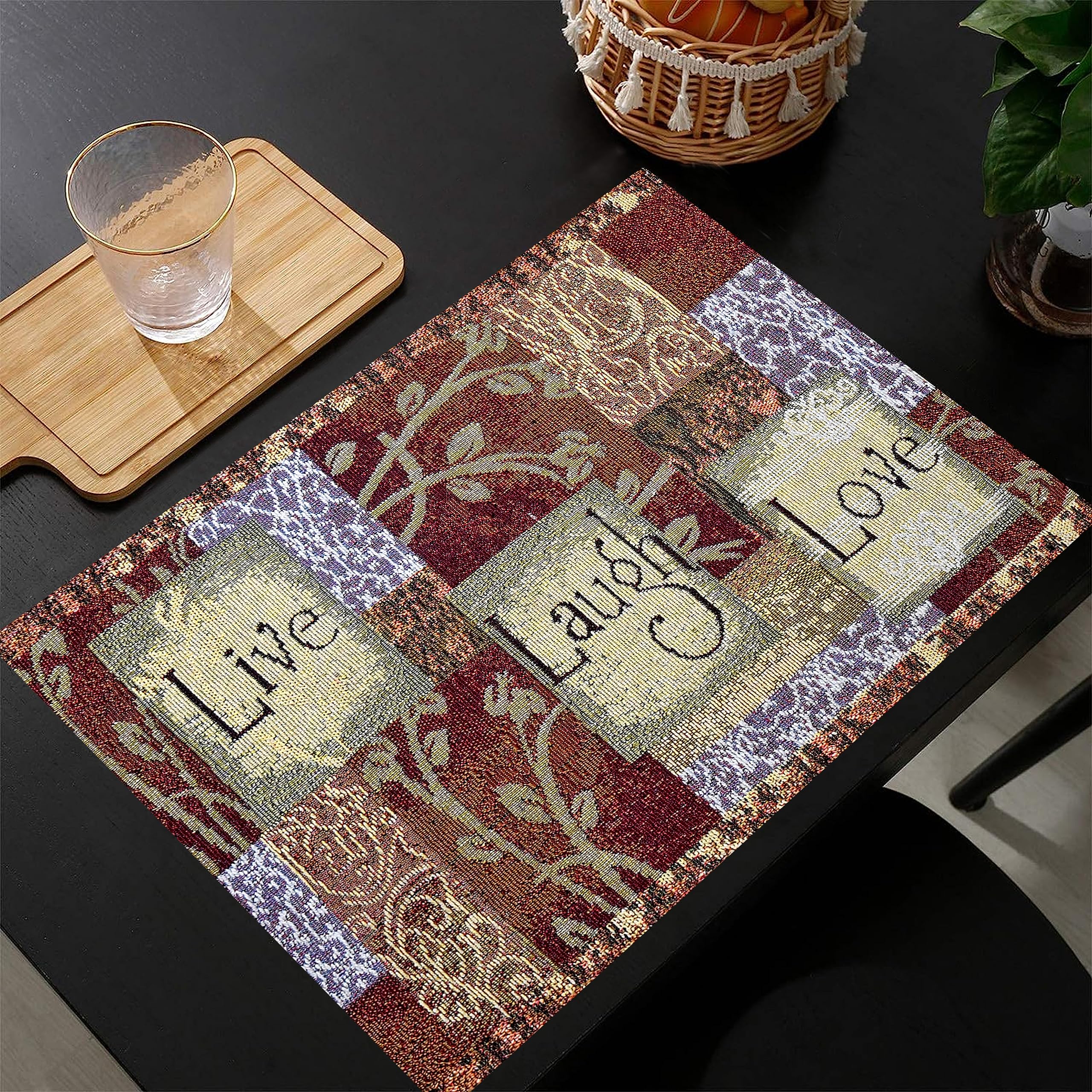 PRAKARTIK BY INDUARTS Live Love Laugh Eco-Friendly Cotton Dining Rectangular Table mats - Reusable, Machine Washable, Everyday Use Brown Placemats, Set of 4 (33x47 cm) Kafalo