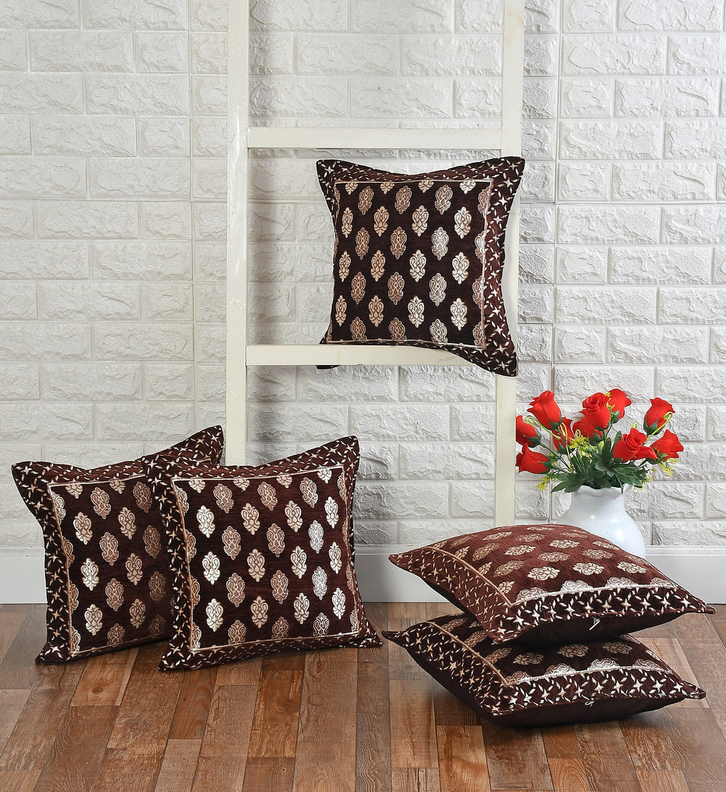 DECOMIZER Jacquard Geomteric Cushion Covers 16 inch x 16 inch Set of 5 Ethnic Motifs Cushion Covers,Design- Ambi,Color- Coffee-240 TC