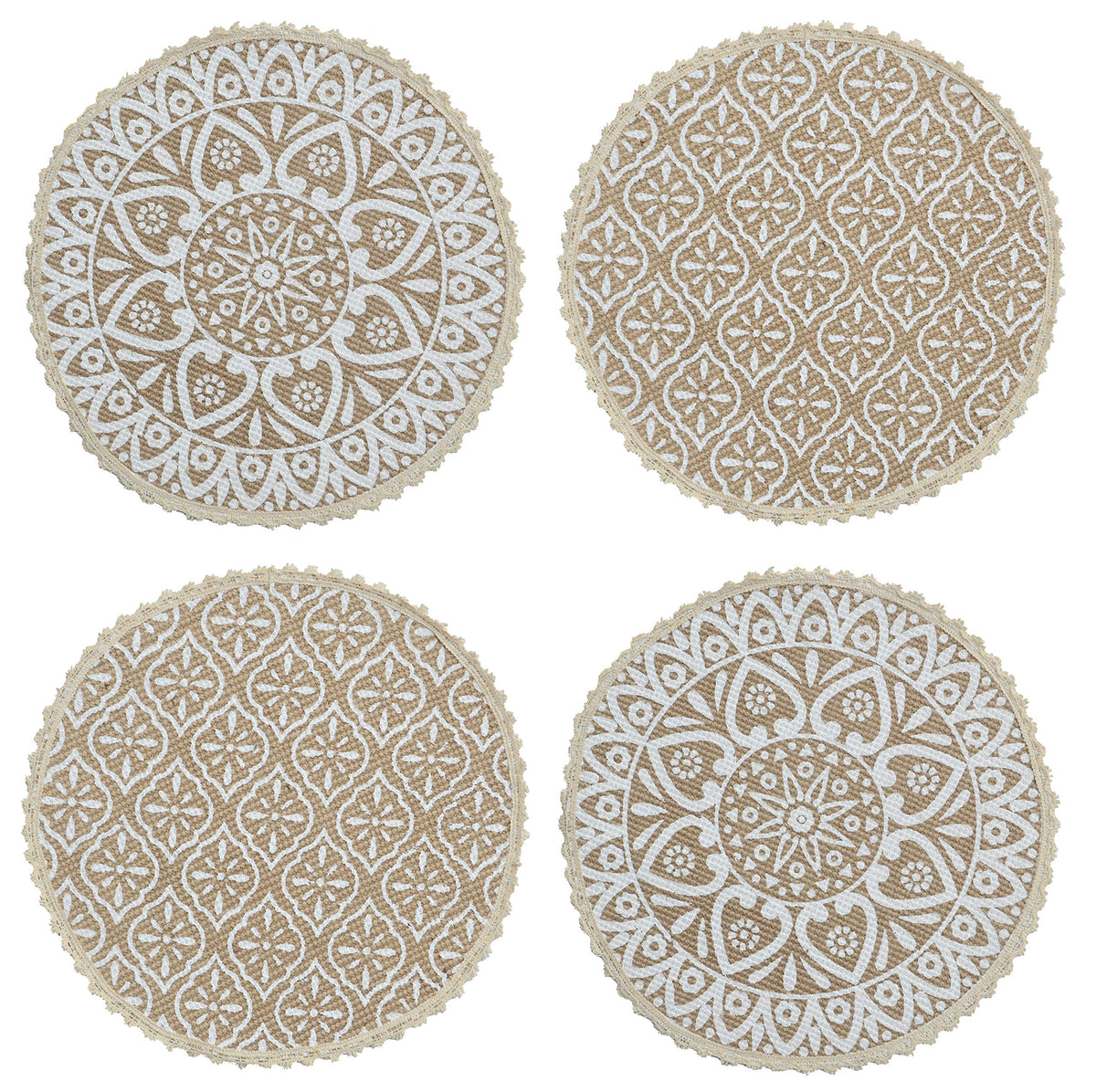 SARAL Home Round Table Mat, White Jute & Cotton Printed Placemat, Washable Dining Table Mat, 38 x 38 cm - Set of 4 Kafalo