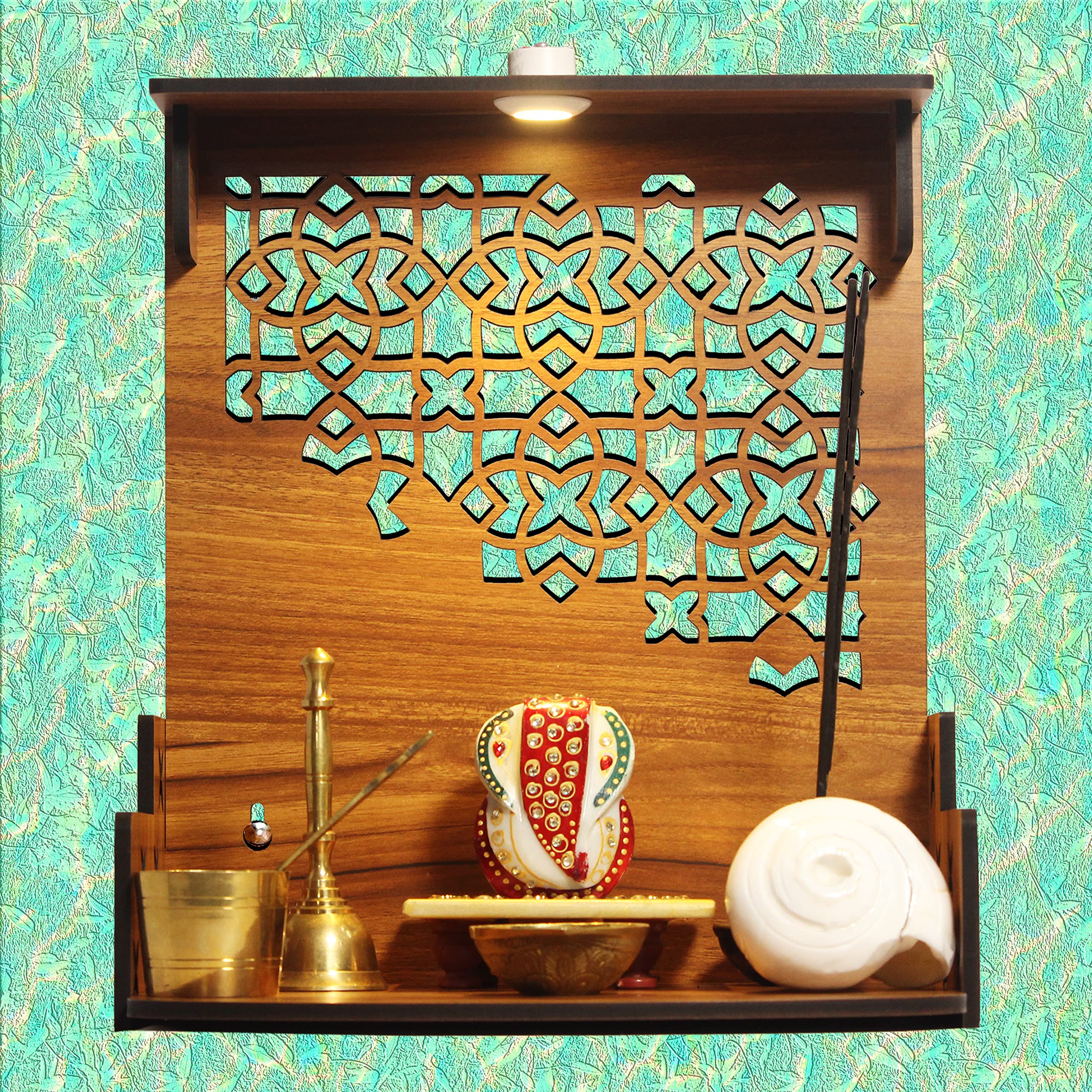 Heartily®: Divine Beautiful Wooden Pooja Stand Mandir for Home/Temple/Office/Puja Mandir for Home and Office Wall with LED Spot Light/Product (H- 12, L- 10.5, W-8.75 Inch)