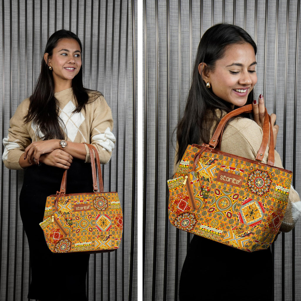 Storite Women's Tote Bag with Leather Handles & Embroidery Printed Handbag with Zip Pockets, Shoulder Tote Bag and Handbag for Office and College (Mandala Geometric Patchwork)