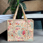 MITTICO Quilted Cotton Tote Bag – Handmade Large Travel Shoulder Bag with Zipper & Pockets – Lightweight, Durable & Stylish for Daily Use (Beige Floral)