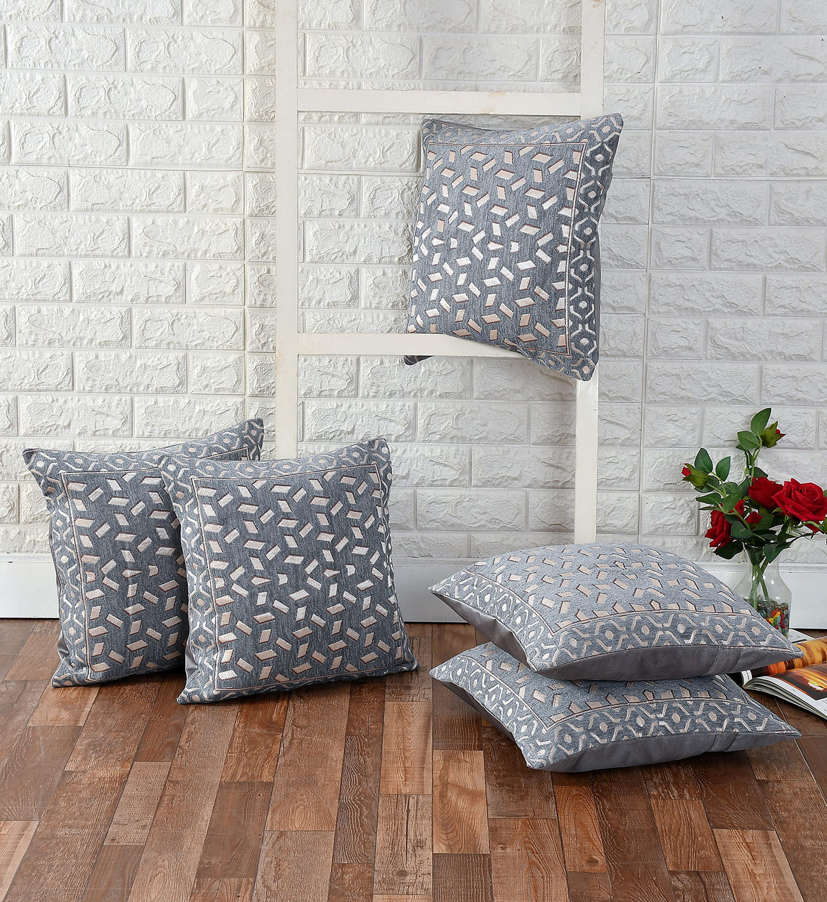 DECOMIZER Jacquard Geomteric Cushion Covers 24 Inch X 24 Inch Set Of 5 Ethnic Motifs 240 TC Cushion Covers,Design- Bricks,Color- Grey