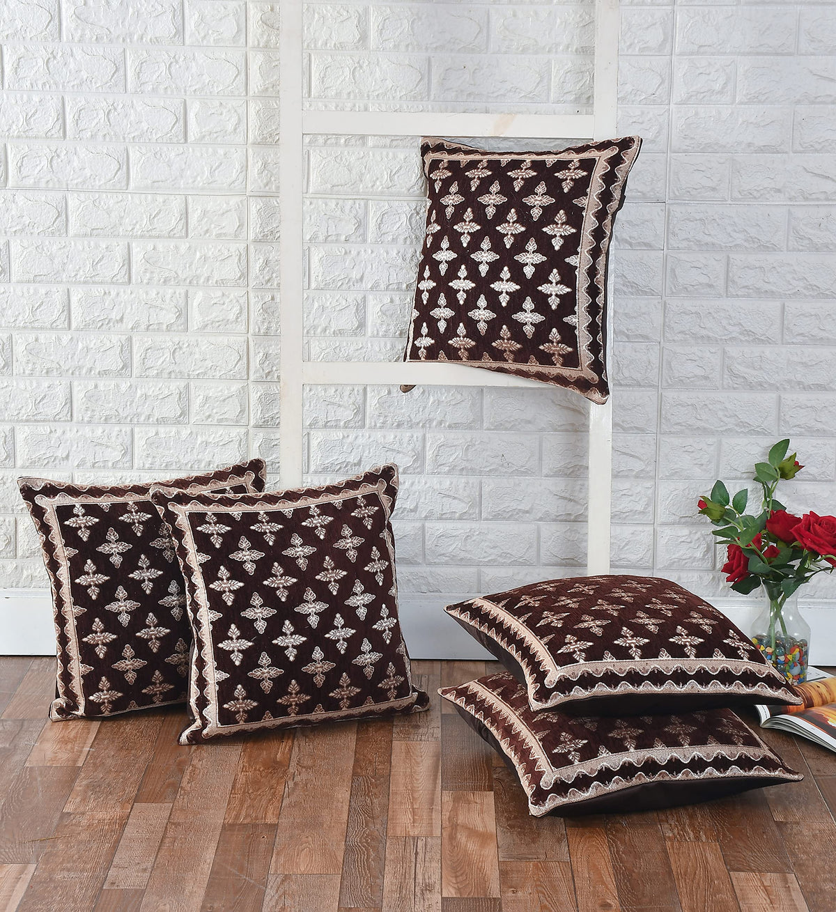 DECOMIZER Jacquard Geomteric Cushion Covers 24 Inch X 24 Inch Set Of 5 Ethnic Motifs 240 TC Cushion Covers,Design- Plus,Color- Coffee