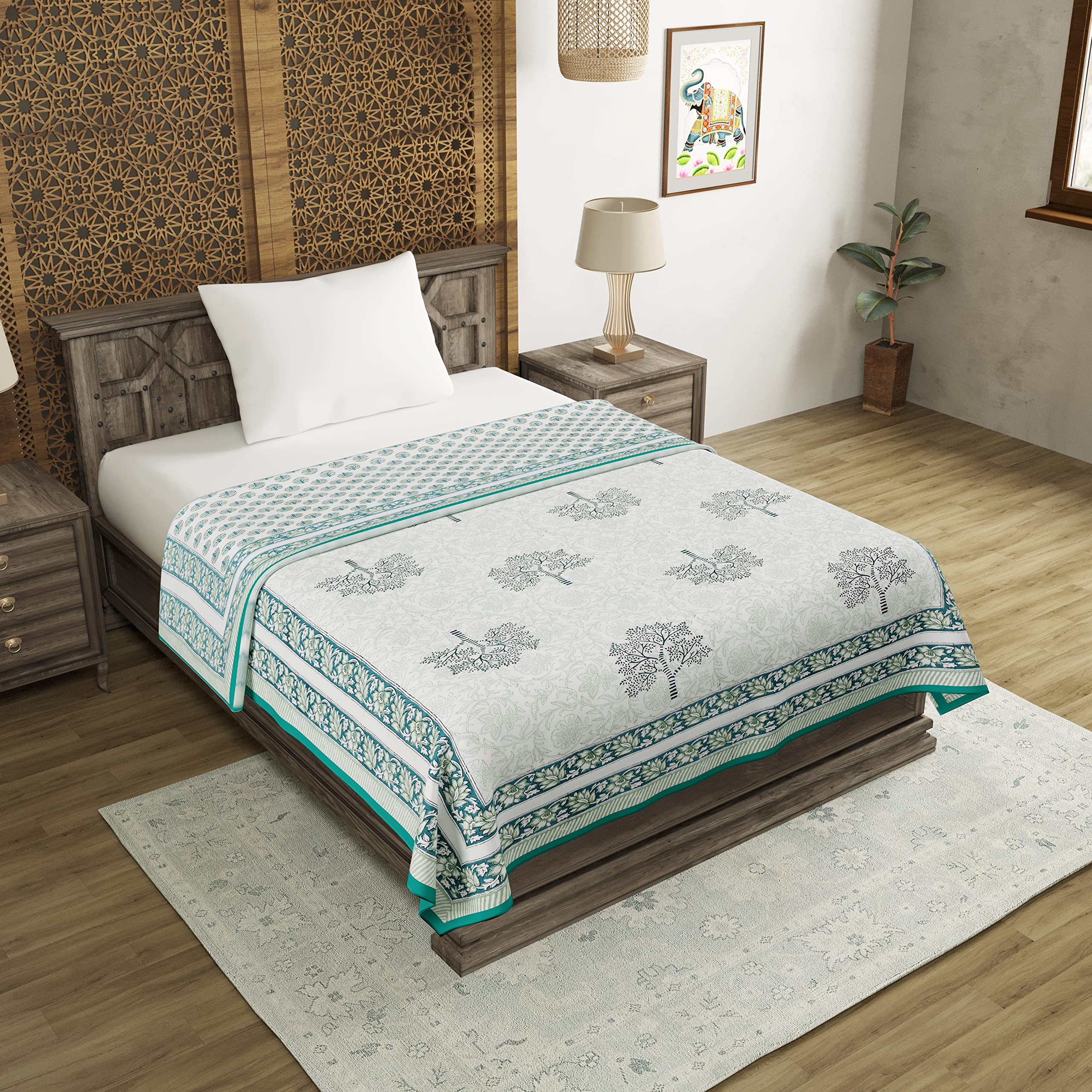 BLOCKS OF INDIA Hand Block Printed Cotton Single Size Reversible Malmal Dohar for Summer (Green Tree), 300 TC Kafalo