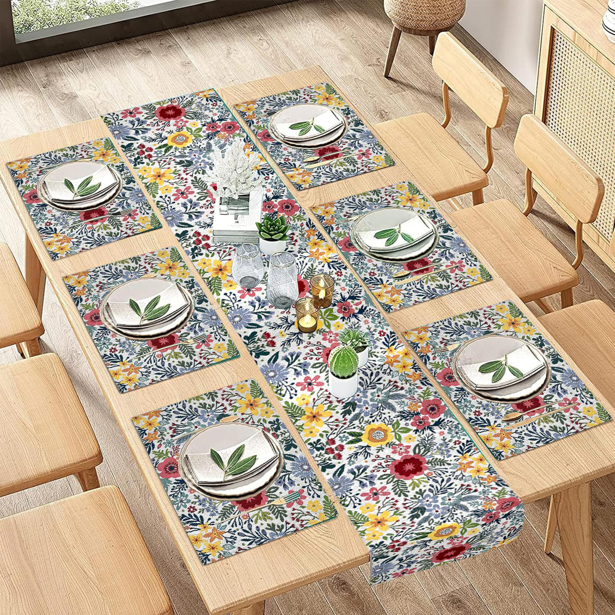 PRAKARTIK BY INDUARTS Nature Retreat Floral Eco-Friendly Cotton Dining RectangularTable Mats with Runner - Reusable, Machine Washable, Everyday Use Yellow & White, (Set of 6+200 cm Runner) Kafalo