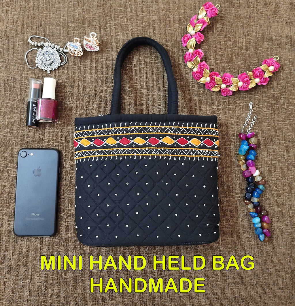 srishopify handicrafts Size MINI Basket Bags for Women Banjara Handmade Small Handle Bag for Girls Hand Purse 9x7x3 Inch cotton premium bags (Beads and Thread Work Handcraft bag)