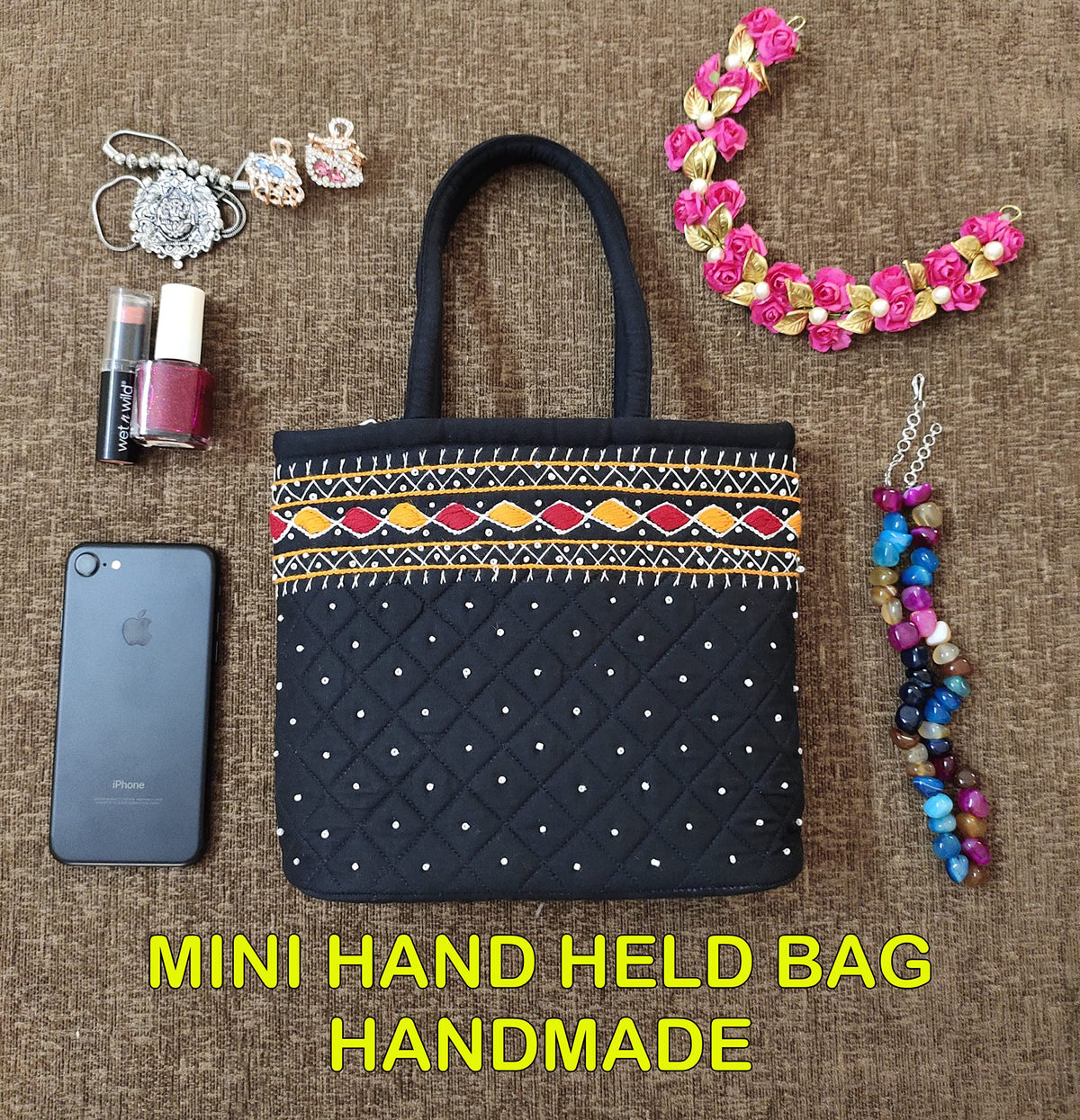 srishopify handicrafts Size MINI Basket Bags for Women Banjara Handmade Small Handle Bag for Girls Hand Purse 9x7x3 Inch cotton premium bags (Beads and Thread Work Handcraft bag)