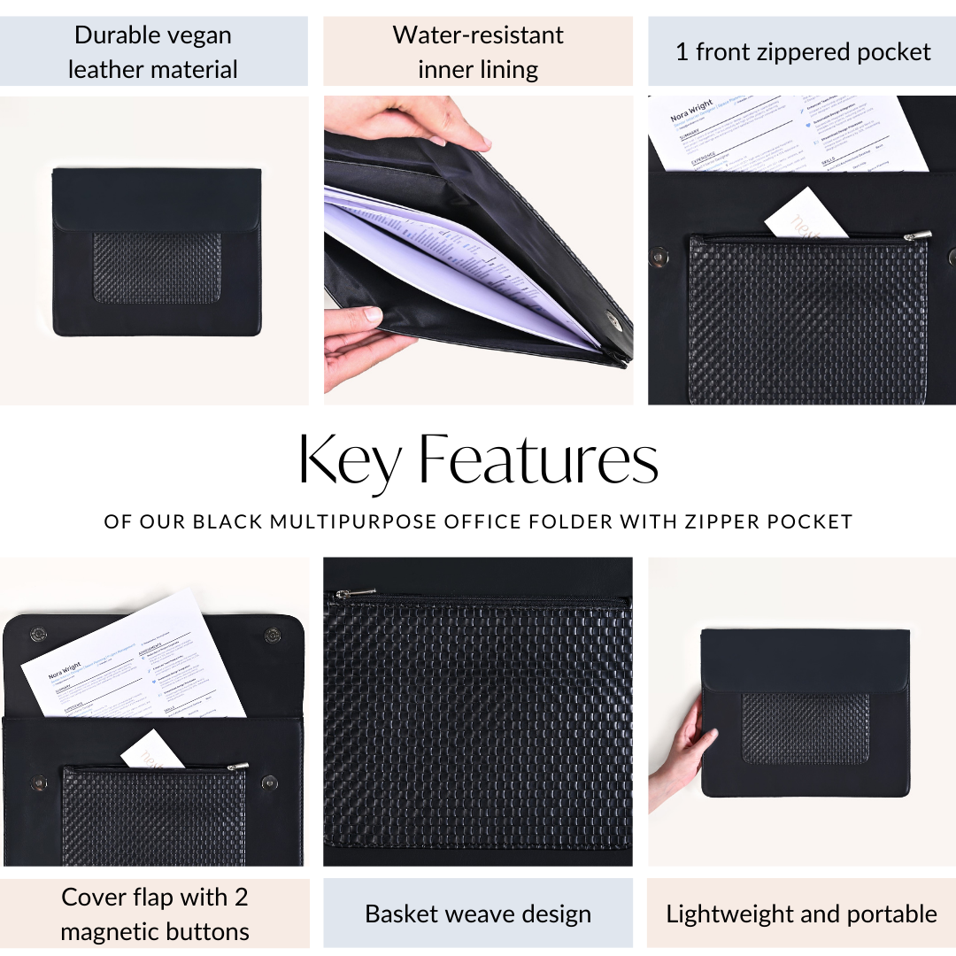 Black Multipurpose Office Folder With Zipper Pocket Nestasia