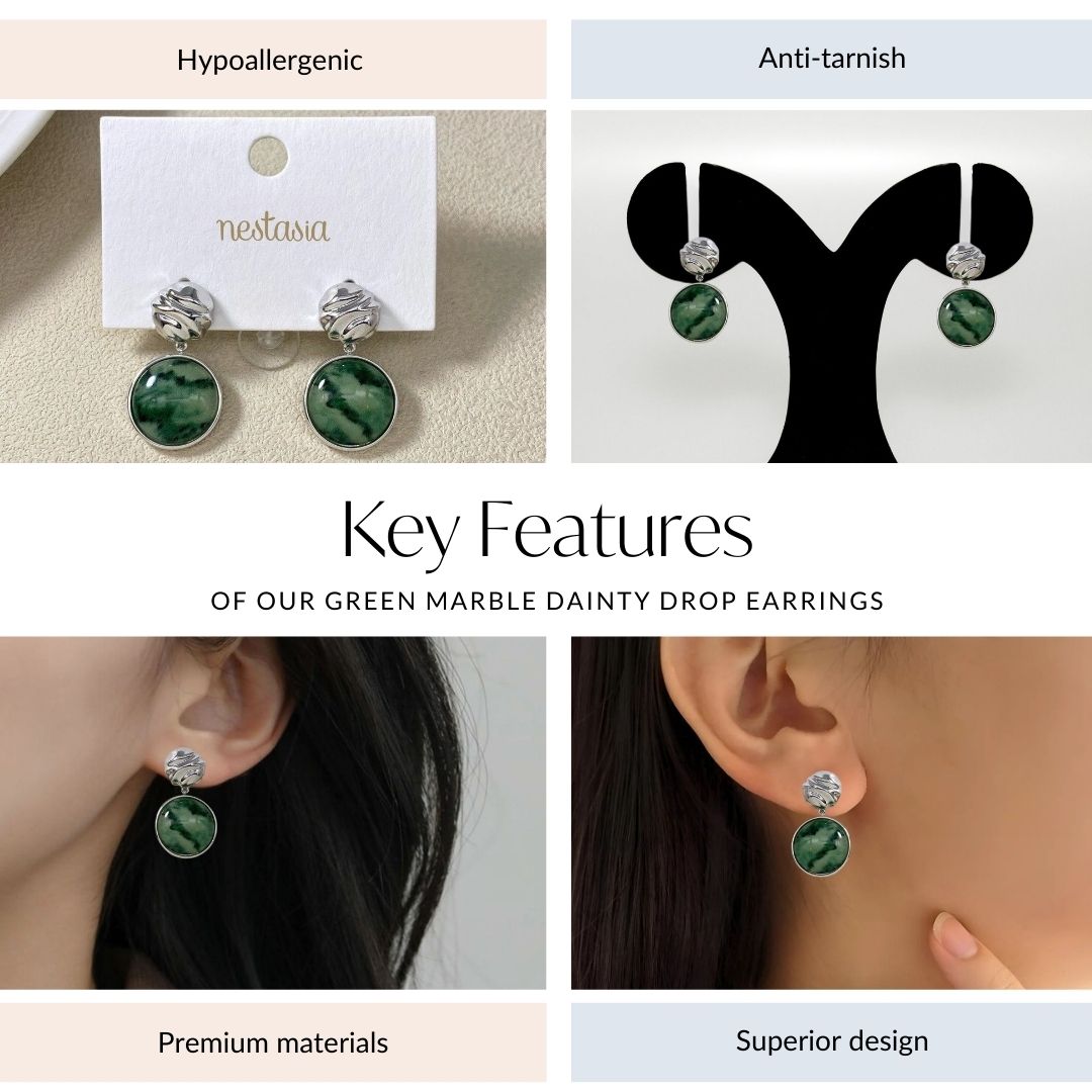 Green Marble Dainty Drop Earrings Nestasia