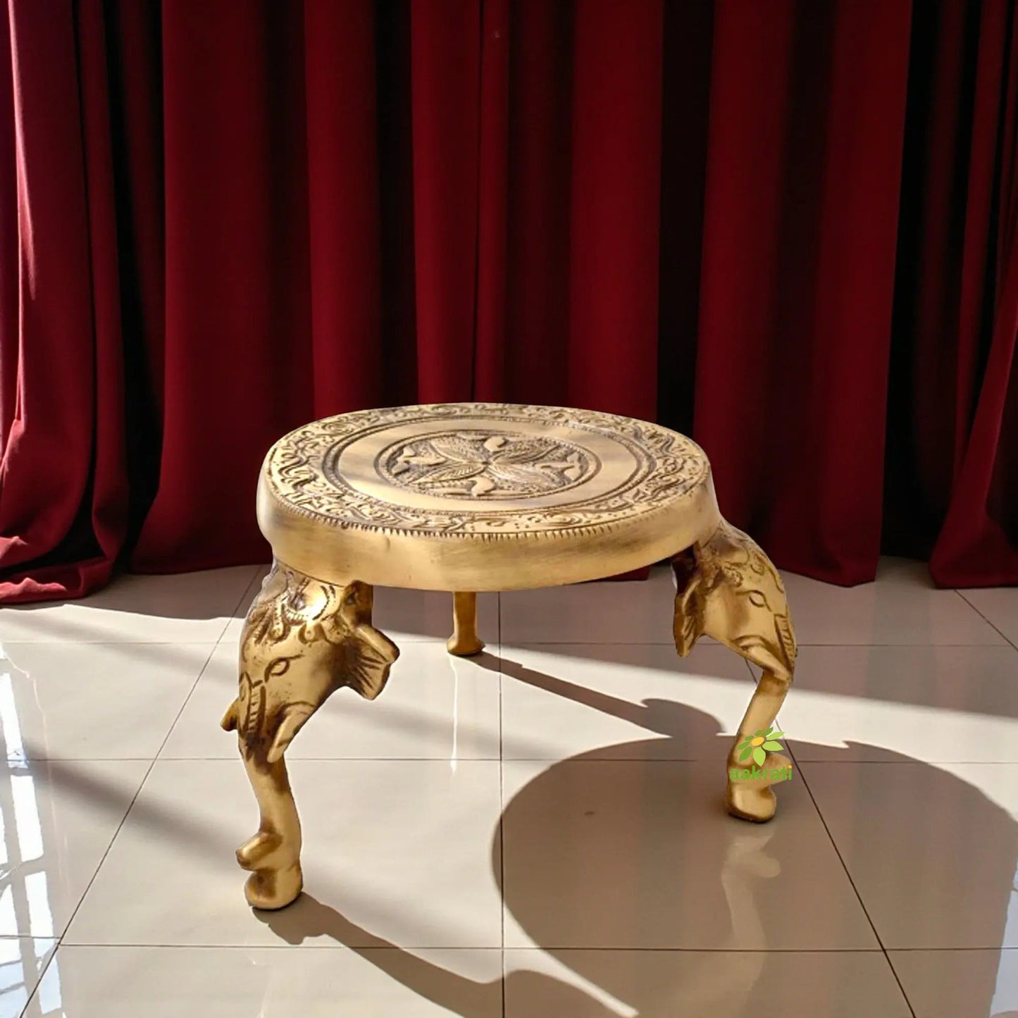 Traditional Brass Pooja Chowki Stool | Perfect for Home Temple and Religious Rituals | Handcrafted Brass Pooja Chowki ( Brown, 5 inch)