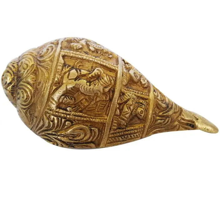 Brass Shankh with Ganesha Engraving | Divine Home Decor & Blessing | Antique Brass Religious Shankh ( Yellow, 5 inch)