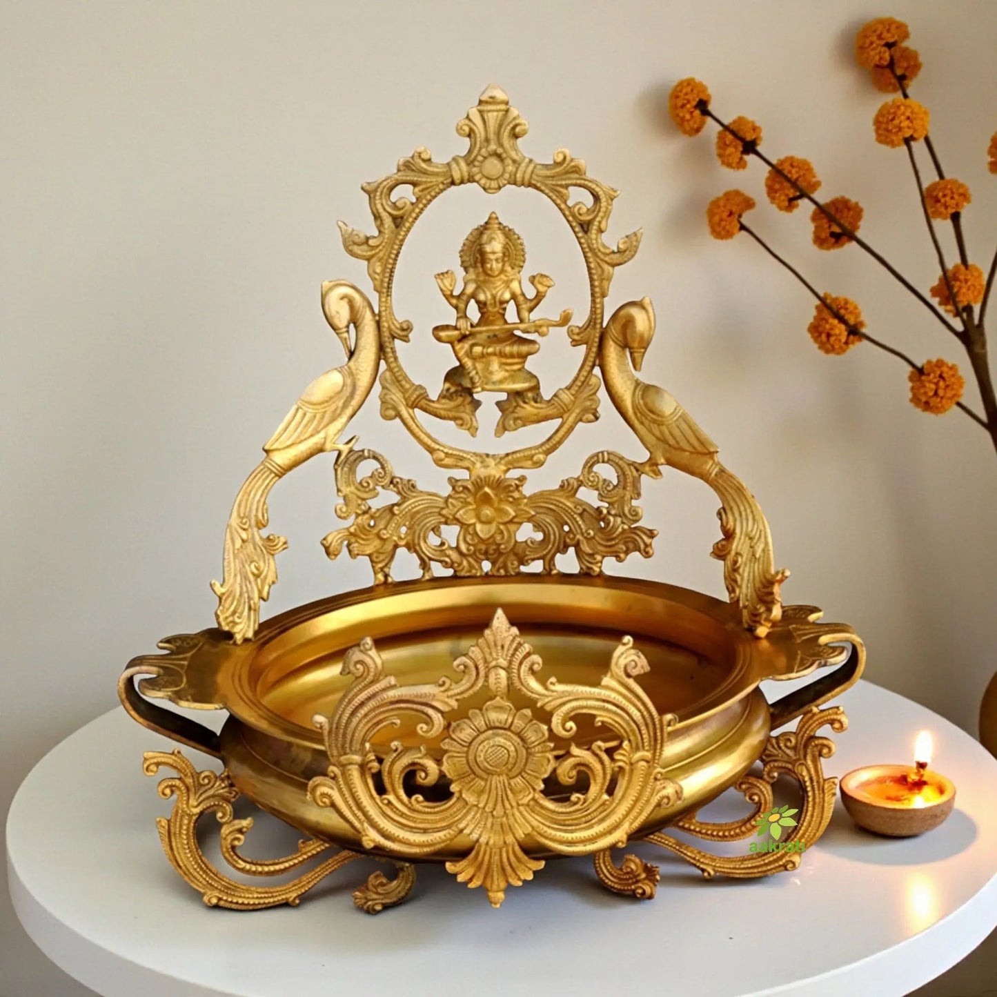 Urli with Goddess Saraswati Idol Decorative Brass Made Urli