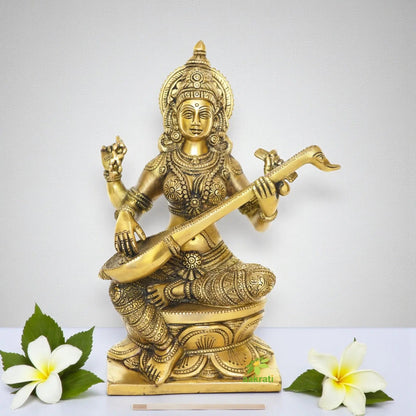 Goddess Saraswati Brass Metal Hand Carved Statue - The Goddess of Art & Knowledge