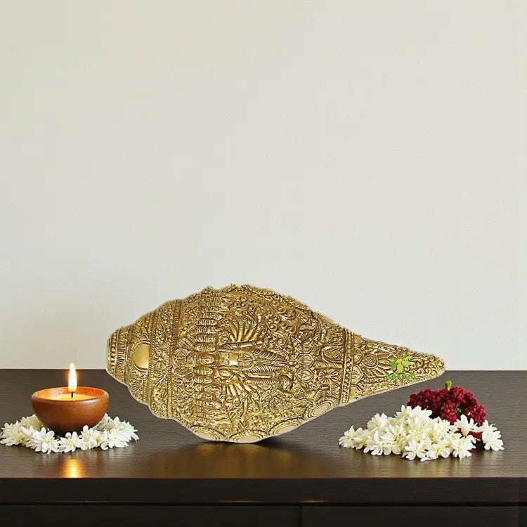 Brass made conch with lord Vishnu figure on it for pooja ghar/temple decor