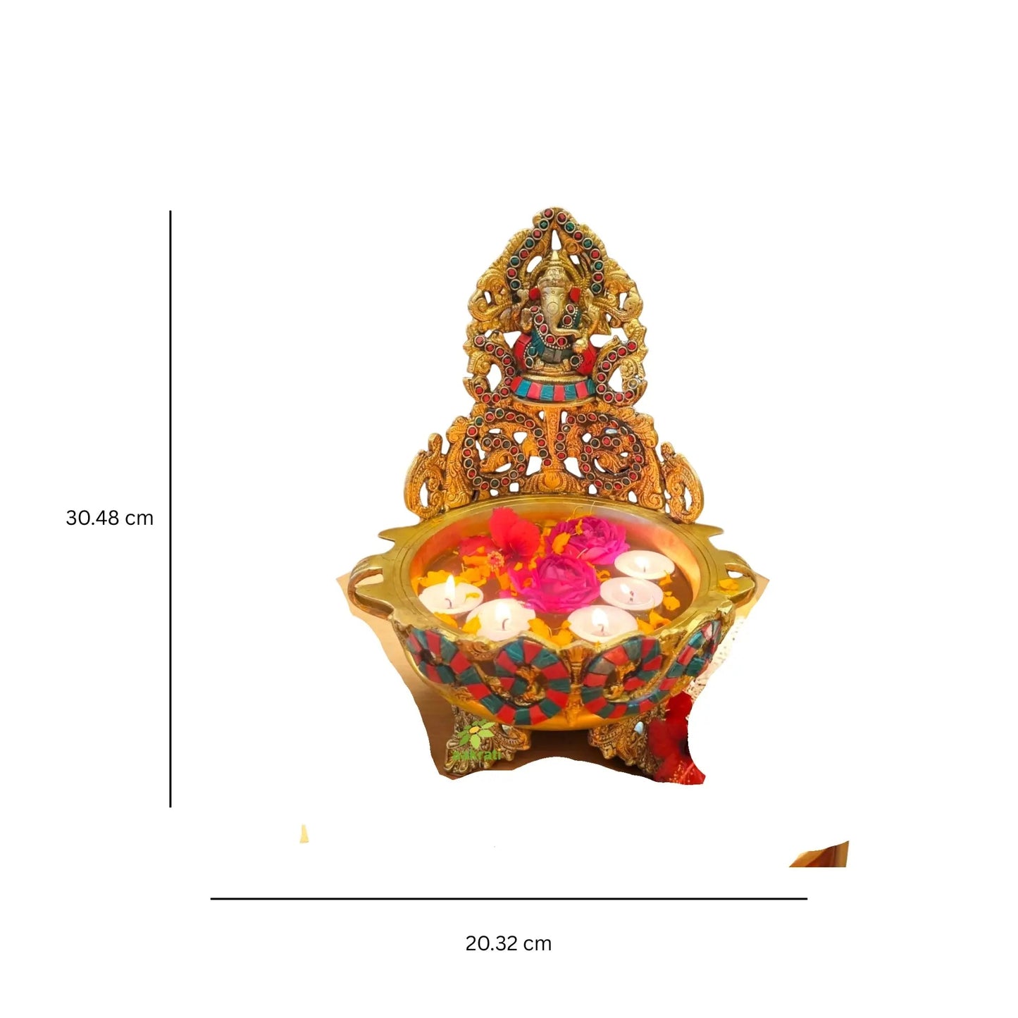 Brass Ganesh Urli Stone Finish Bowl for Home Decor |Antique Stone Finish Ganesha Urli for Floating Flowers & Candles |Vastu Feng Shui Decorative Showpiece & Diwali Gift (Yellow, 12 Inch)