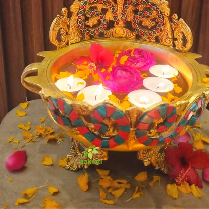 Brass Ganesh Urli Stone Finish Bowl for Home Decor |Antique Stone Finish Ganesha Urli for Floating Flowers & Candles |Vastu Feng Shui Decorative Showpiece & Diwali Gift (Yellow, 12 Inch)