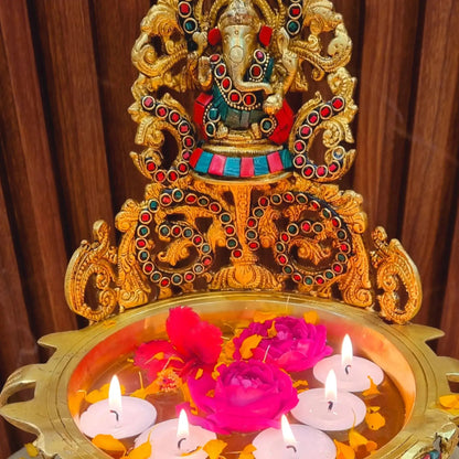 Brass Ganesh Urli Stone Finish Bowl for Home Decor |Antique Stone Finish Ganesha Urli for Floating Flowers & Candles |Vastu Feng Shui Decorative Showpiece & Diwali Gift (Yellow, 12 Inch)