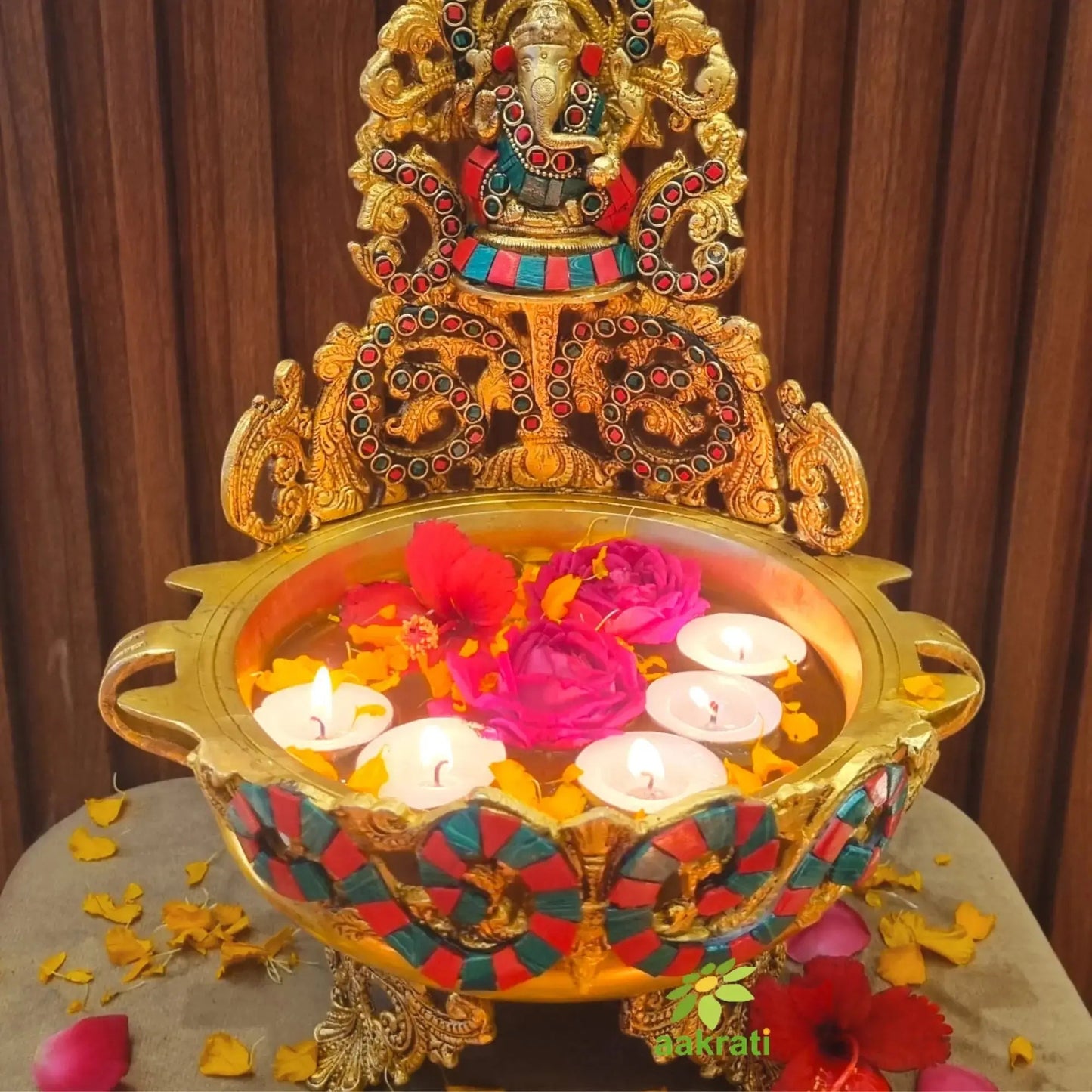 Brass Ganesh Urli Stone Finish Bowl for Home Decor |Antique Stone Finish Ganesha Urli for Floating Flowers & Candles |Vastu Feng Shui Decorative Showpiece & Diwali Gift (Yellow, 12 Inch)