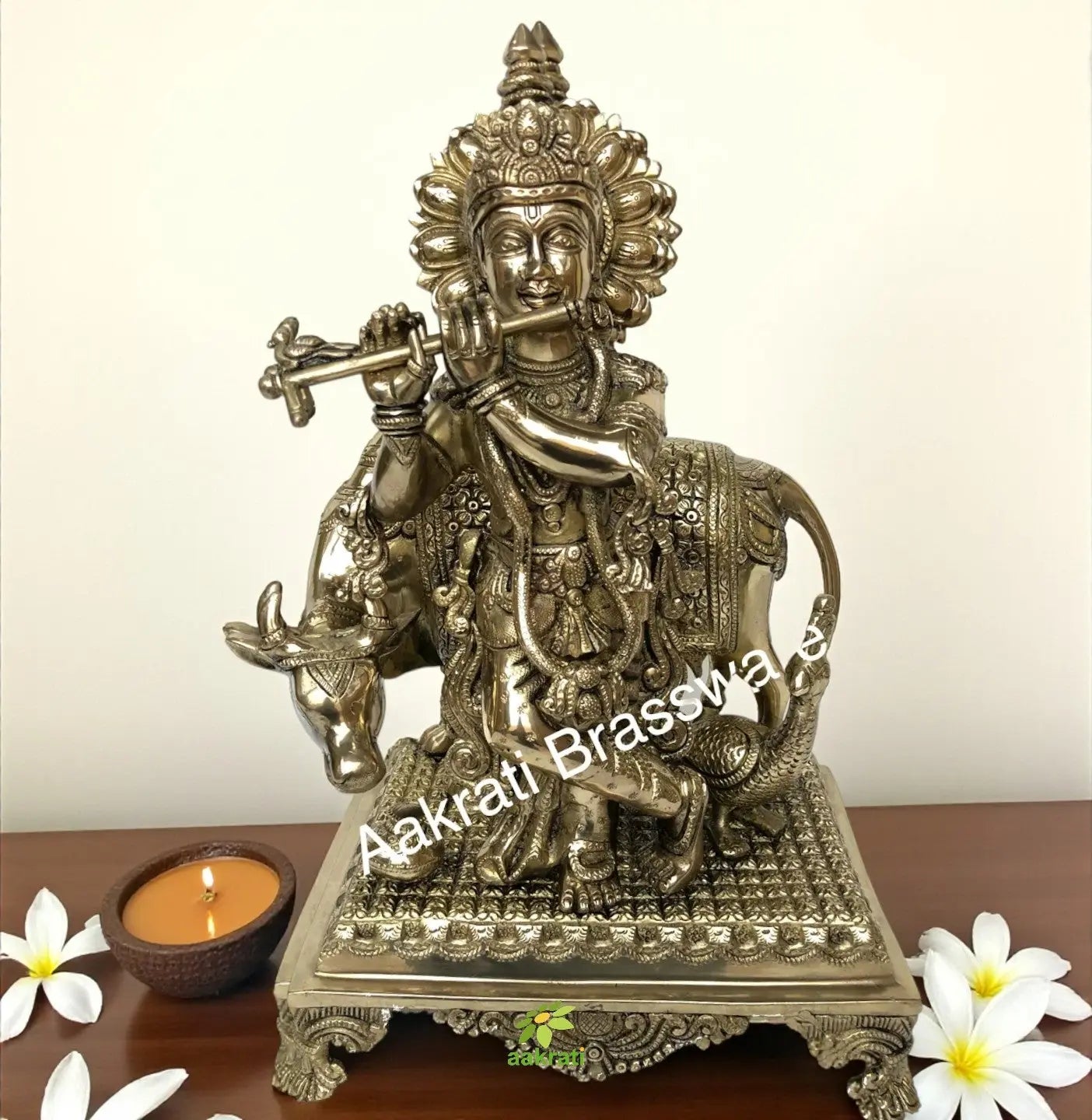Lord Krishna with Cow hand carved brass statue
