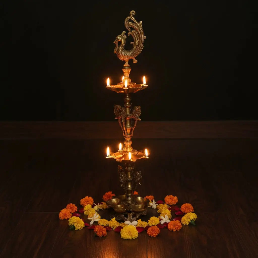 Peacock figure Brass metal Pooja Ghar event decor Oil Lamp