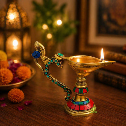 kafalo Table Diya or Deepak with Handle Made of Brass for Temple and Decor - Religious Metal Handmade Craft Gift -  Worship Jyoti