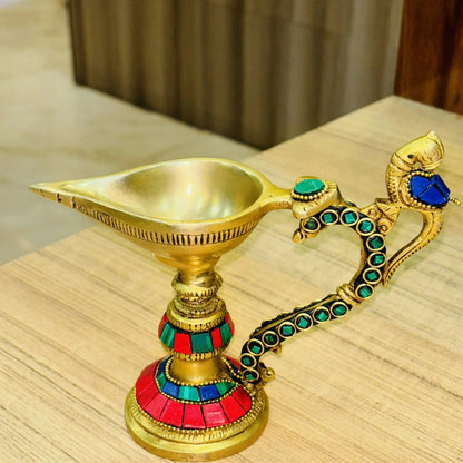 Table Diya or Deepak with Handle Made of Brass for Temple and Decor - Religious Metal Handmade Craft Gift -  Worship Jyoti