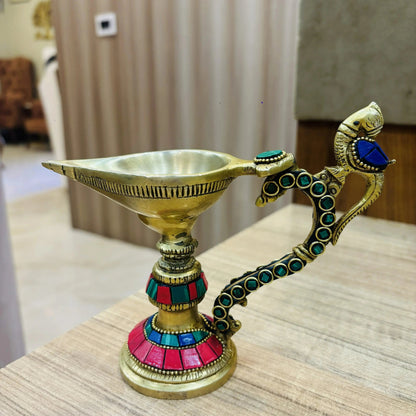 kafalo Table Diya or Deepak with Handle Made of Brass for Temple and Decor - Religious Metal Handmade Craft Gift -  Worship Jyoti