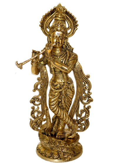 Krishna with cow playing flute brass made Murti