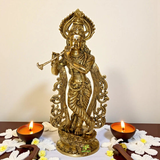 Krishna with cow playing flute brass made Murti by kafalo