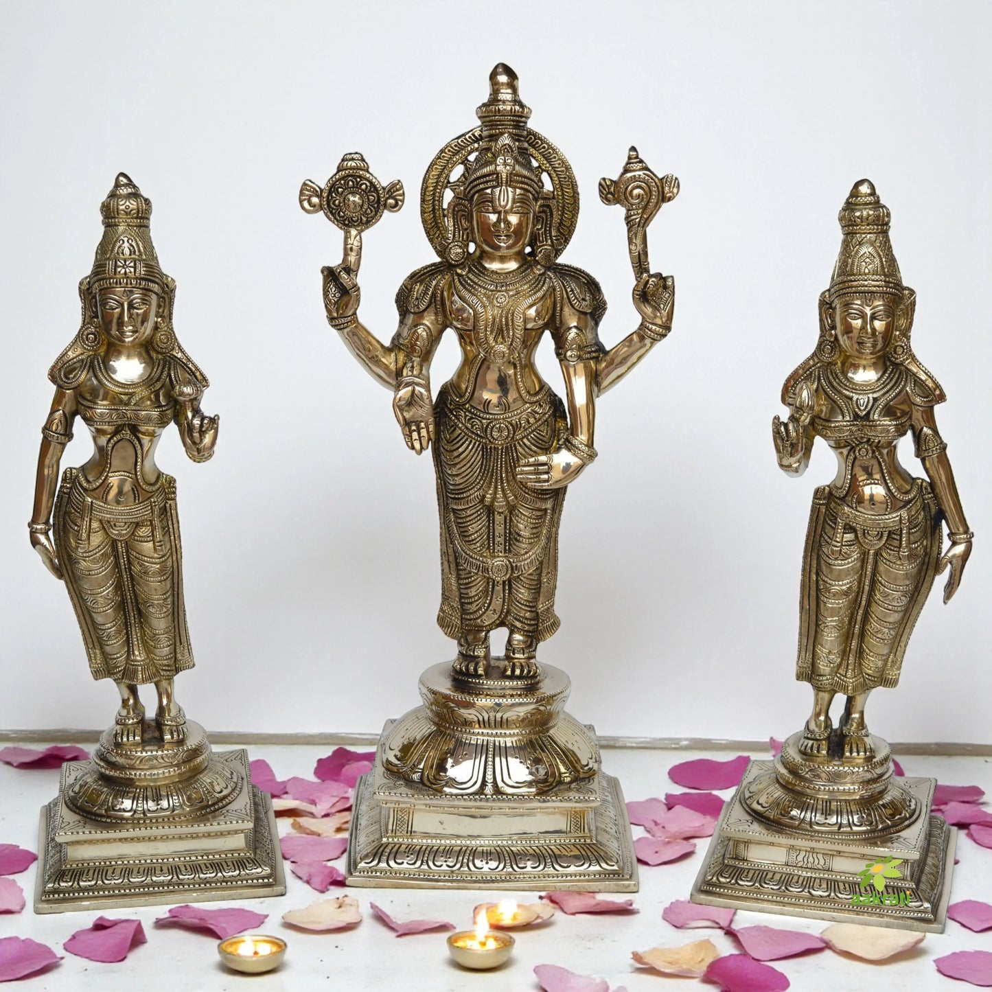 Lord Vishnu With His wife Bhumi and Laxmi Ji Brass made hand carved statue
