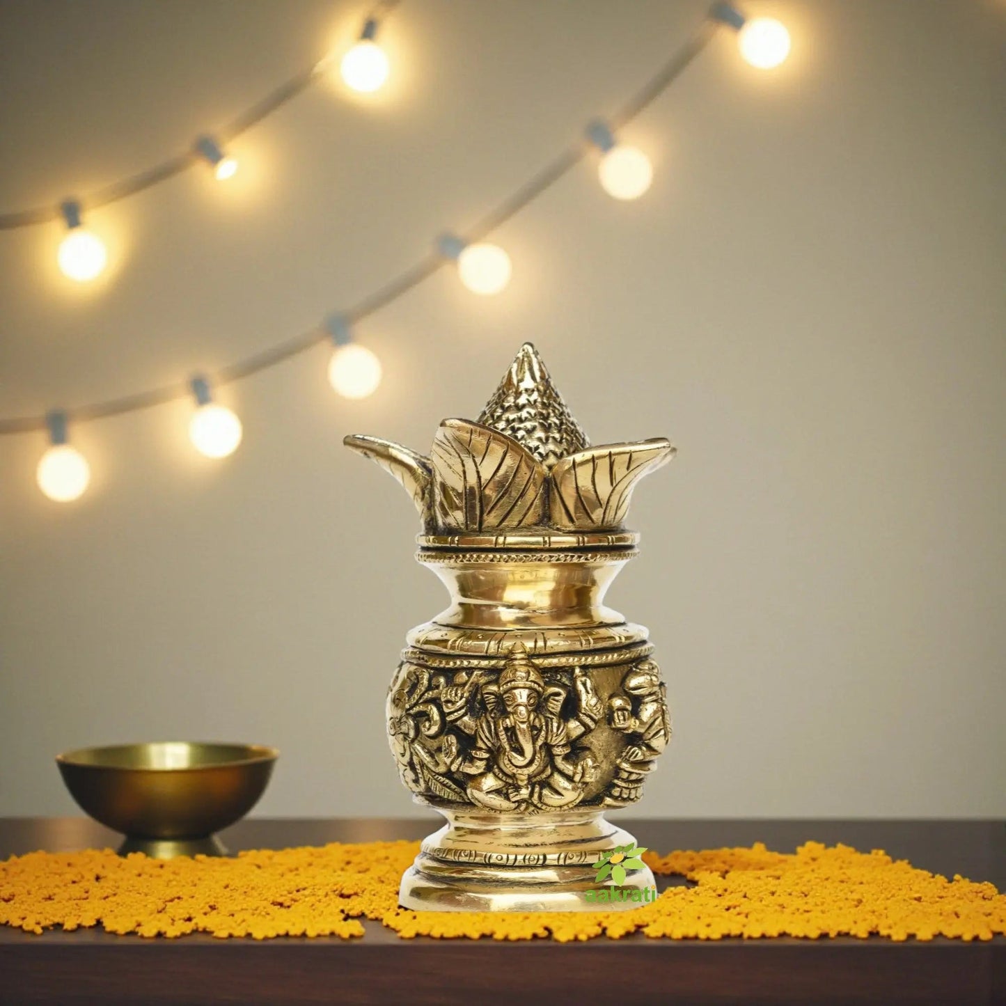 Ganesha Laxmi figure on one Kalash made of brass metal for pooja ghar/Temple (One Pcs)