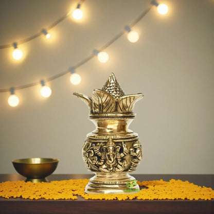 Ganesha Laxmi figure on one Kalash made of brass metal for pooja ghar/Temple (One Pcs)