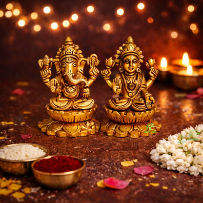 Brass Laxmi Ganesh Idol for Diwali Gifting | Elegant Pooja Statue for Prosperity & Success | Small Laxmi Ganesh (Yellow, 3.5 Inch)