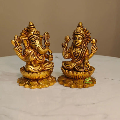 Brass Laxmi Ganesh Idol for Diwali Gifting | Elegant Pooja Statue for Prosperity & Success | Small Laxmi Ganesh (Yellow, 3.5 Inch)