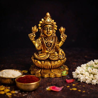 Brass Laxmi Goddess idol for Diwali Pooja| Laxmi Statue for Home| Brass Laxmi murti (Yellow 3.5)