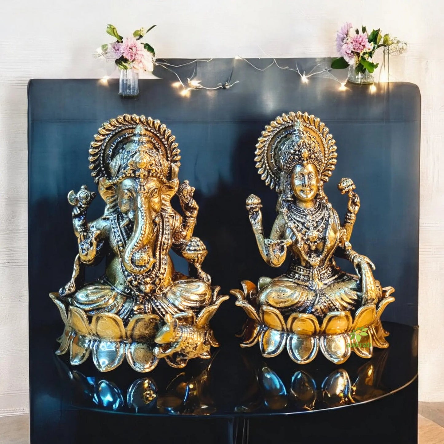 Brass Laxmi Ganesh Idols with Hanging Bell and Diya Set | Handcrafted Pooja Gift Combo for Diwali, Housewarming & Home Temple Decor | Gift Hamper
