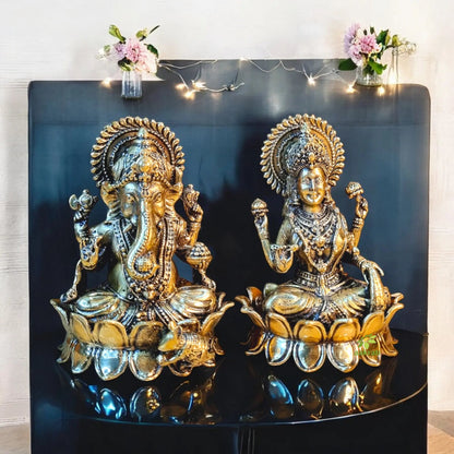 Brass Laxmi Ganesh Idols with Hanging Bell and Diya Set | Handcrafted Pooja Gift Combo for Diwali, Housewarming & Home Temple Decor | Gift Hamper