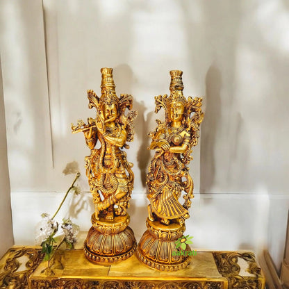 Brass Radha Krishna Statue with Bell and Diya Combo | Puja Gift Set for Home Mandir | Traditional Indian Religious Decor | Housewarming, Festival Gift