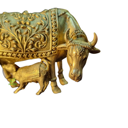 Brass Cow and Calf Idol | Kamdhenu Statue for Home Temple & Vastu Decor | Handcrafted Brass Cow with Calf (Yellow, 3 Inch)