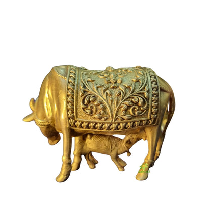 Brass Cow and Calf Idol | Kamdhenu Statue for Home Temple & Vastu Decor | Handcrafted Brass Cow with Calf (Yellow, 3 Inch)