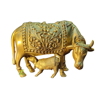 Brass Cow and Calf Idol | Kamdhenu Statue for Home Temple & Vastu Decor | Handcrafted Brass Cow with Calf (Yellow, 3 Inch)